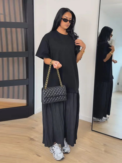 Fashion Women Patchwork Dress Chic Short Sleeve Round Neck Solid Ruffles Female Dress Casual Lady Streetwear Commute Summer 2026