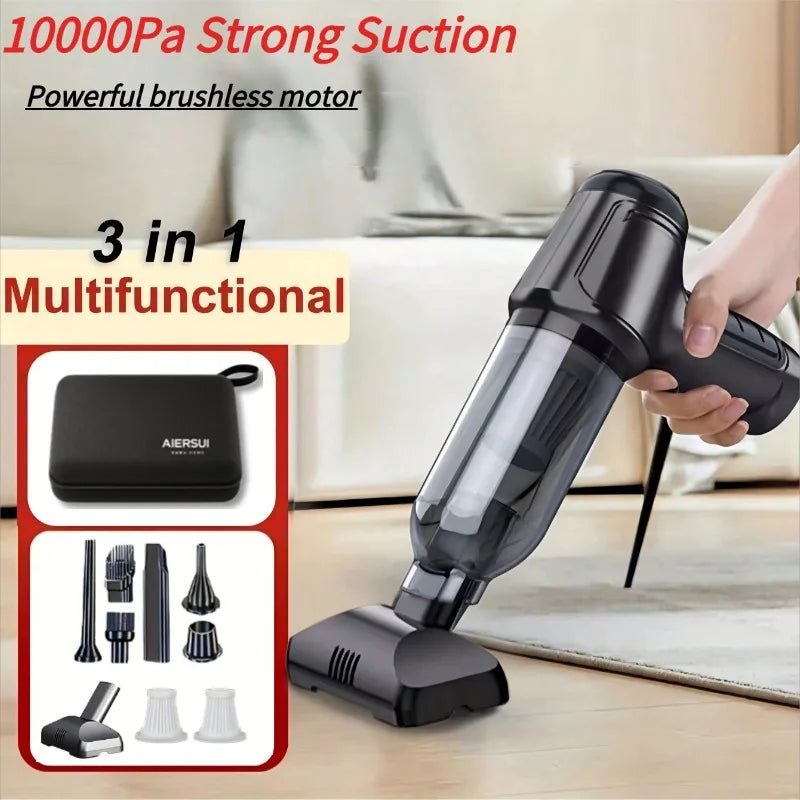 Handheld vacuum cleaner with integrated suction and blowing functions, ideal for cleaning cars, homes, offices, and pet areas.