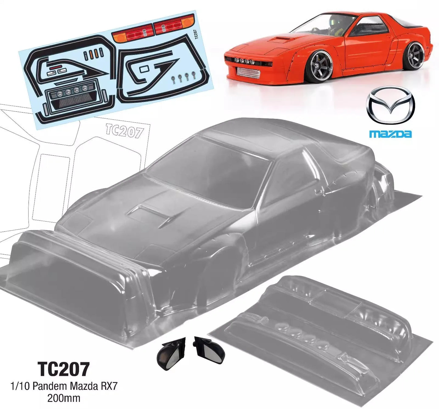 200mm Body Shells 1/10 Mazda RX7 Clear Bodywork W/Light Buckle for ONROAD Racing RC Drift Car 258mm Wheelbase