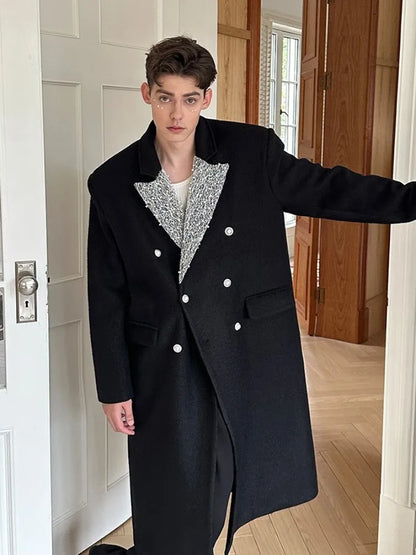 New Mens Designer Autumn Winter Woolen Coat Double Breasted Loose Fit Elegant Party Overcoat Casual Office Men Fashion Trench