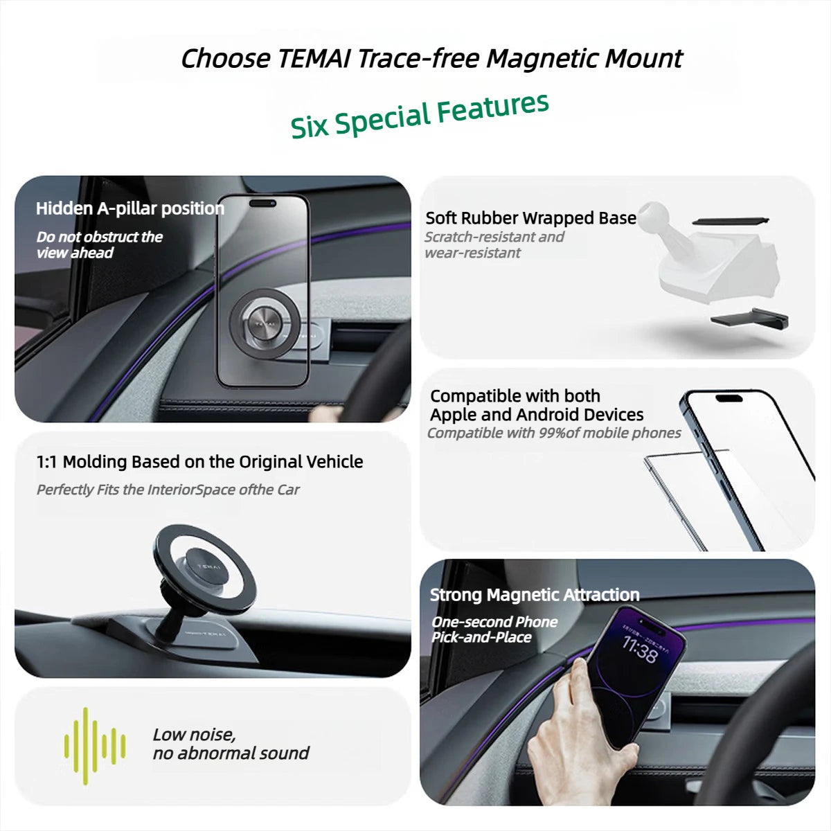 TEMAI A-Pillar Traceless Magnetic Floating Mount for Tesla Model 3 Highland Model Y/YL Juniper, Stylish Phone Mount