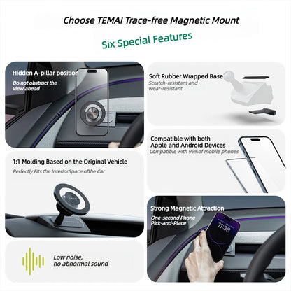 TEMAI A-Pillar Traceless Magnetic Floating Mount for Tesla Model 3 Highland Model Y/YL Juniper, Stylish Phone Mount