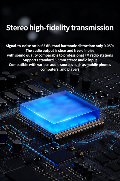 0.5W FM Transmitter 76-108MHz 2KM Range LCD Stereo, 3.5mm AUX USB-C Wireless Audio Broadcast For Car & Church