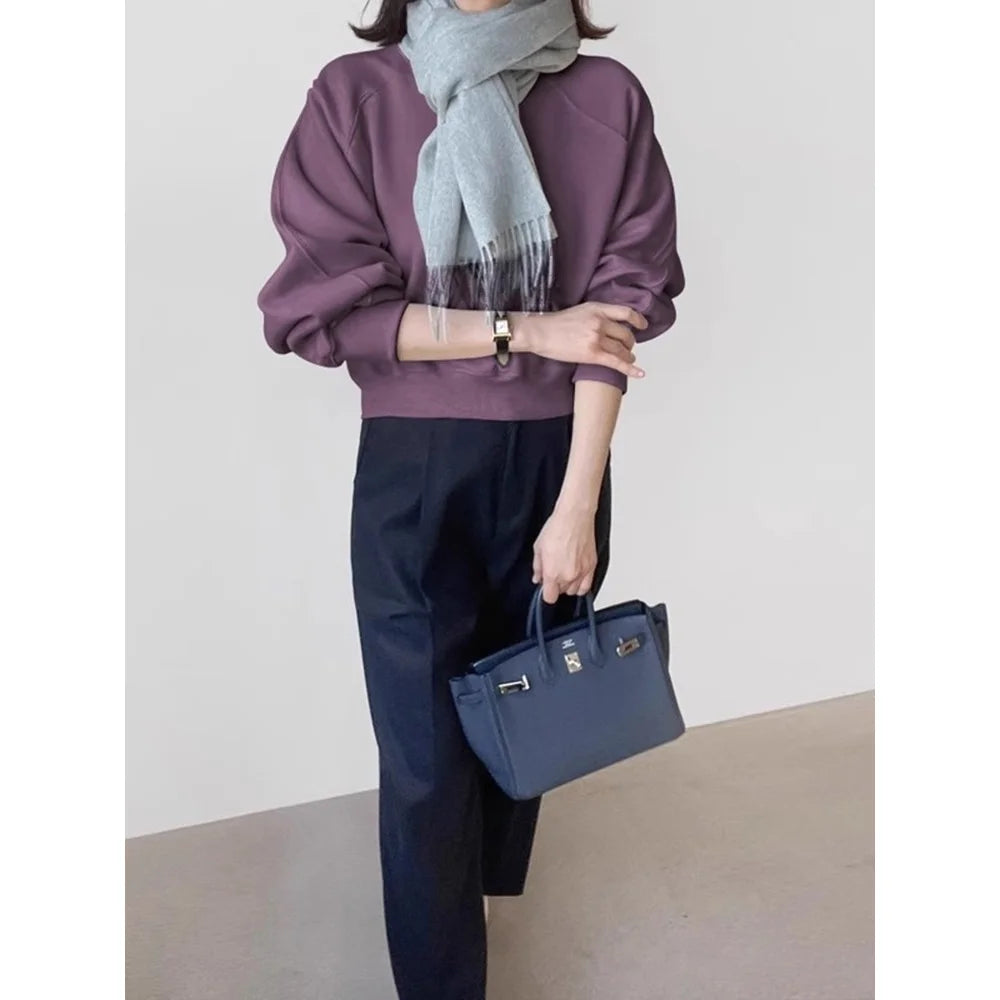 Retro Shoulder Sleeve round Neck Sweatshirt Women's Spring Autumn Fashion Casual Short Style Overhead Top Polyester Fiber