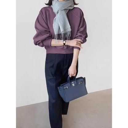Retro Shoulder Sleeve round Neck Sweatshirt Women's Spring Autumn Fashion Casual Short Style Overhead Top Polyester Fiber