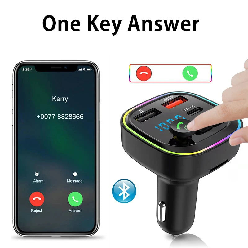 Car Bluetooth FM Transmitter Audio Adapter With RGB Ring Light Dual USB QC3.0 And Type-C Fast Charger Hands-Free MP3 Player