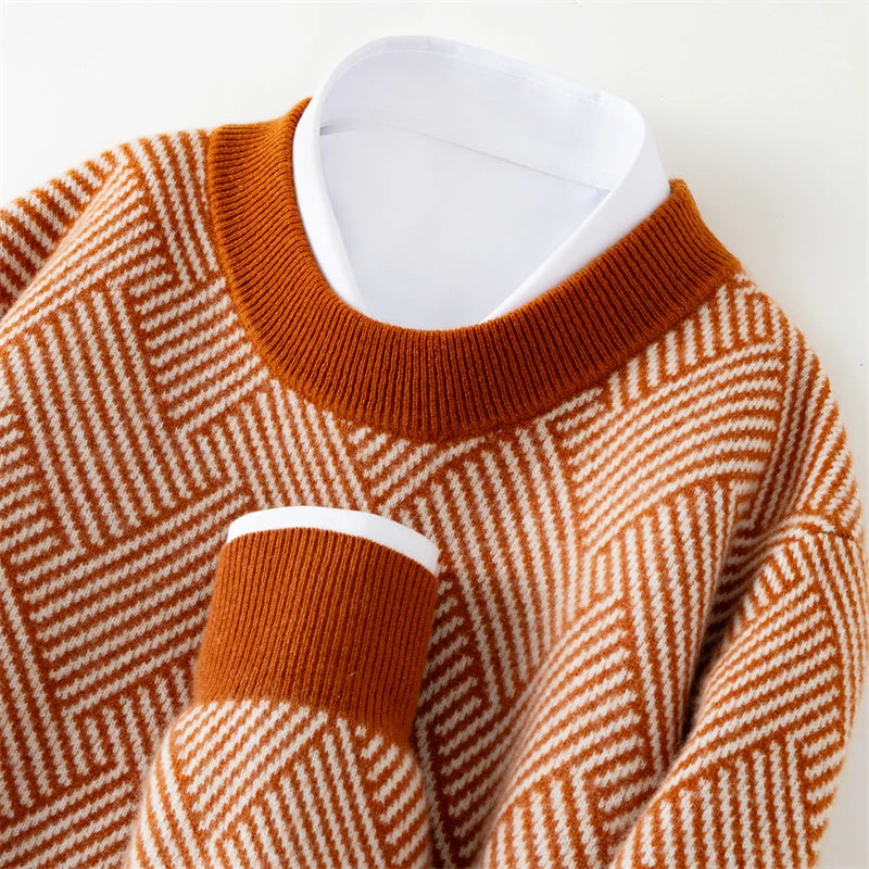 Autumn and winter new thick 100% pure cashmere men's round neck jacquard loose color matching leisure sweater cashmere sweater