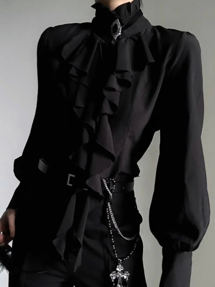 Harajuku Vintage Women Bottoming Shirt Stand Collar Ruffles Slim Fit Blouses Black White 2026 New Long Sleeve Blusas De Mujer