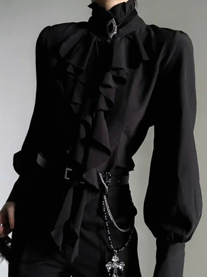 Harajuku Vintage Women Bottoming Shirt Stand Collar Ruffles Slim Fit Blouses Black White 2026 New Long Sleeve Blusas De Mujer