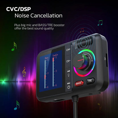 MP3 Music Player Wireless FM Transmitter with Big Color Screen 2.4A QC3.0 Dual USB Fast Charging Hands-Free Call Car AUX Adapter