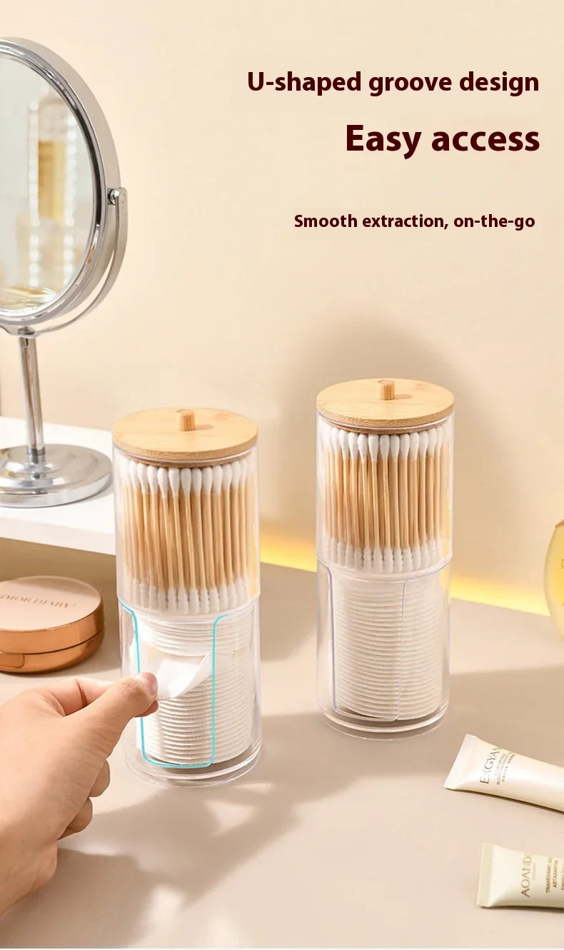 1pcs Cotton Swab Storage Box Acrylic Jar Makeup Organizer, Cotton Round Pad Holder, Q-tip Dispenser with Bamboo Lid