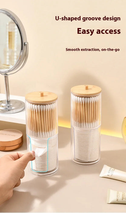 1pcs Cotton Swab Storage Box Acrylic Jar Makeup Organizer, Cotton Round Pad Holder, Q-tip Dispenser with Bamboo Lid