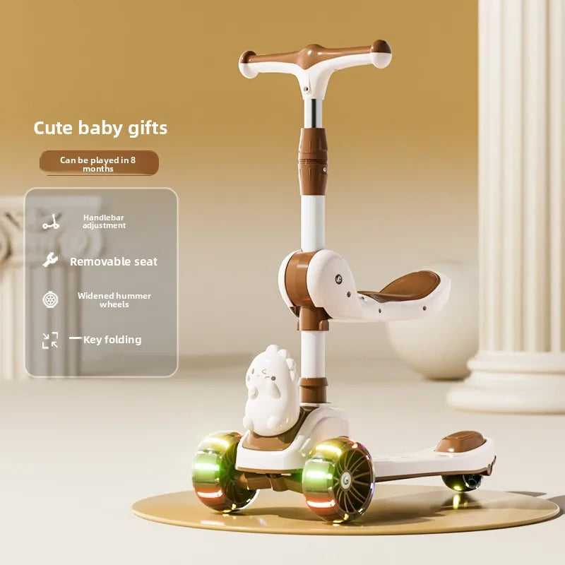 3-in-1 Kids Scooter Foldable Ride-On Toy with Light-Up Wheels, Adjustable Height, Removable Seat, Music & No Music Options, f