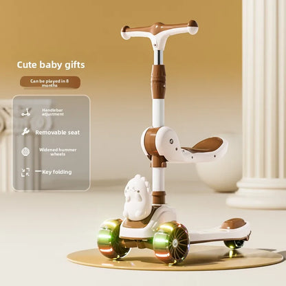3-in-1 Kids Scooter Foldable Ride-On Toy with Light-Up Wheels, Adjustable Height, Removable Seat, Music & No Music Options, f