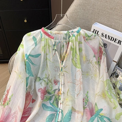 Casual Cotton Linen Fashion Set Women Loose Versatile Belted Sun Protection Shirt Shorts Superb Floral Colors High Quality