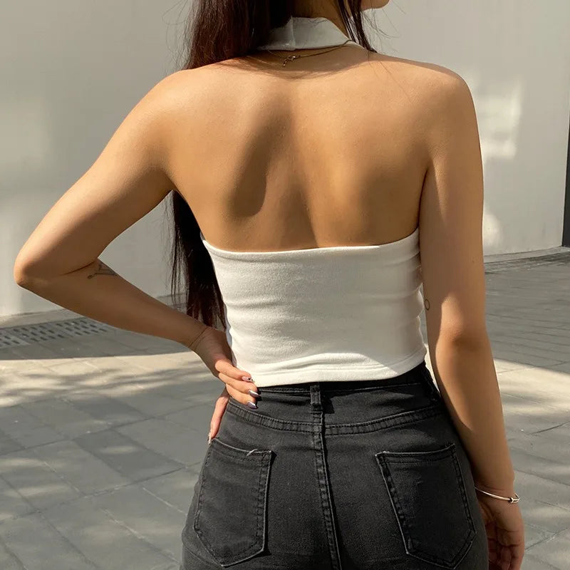 Women's Sexy Backless Tank Tops Summer White Halter Streetwear Vest Female Crop Top Summer 2026 Basic T-shirts Ladies Tube Camis