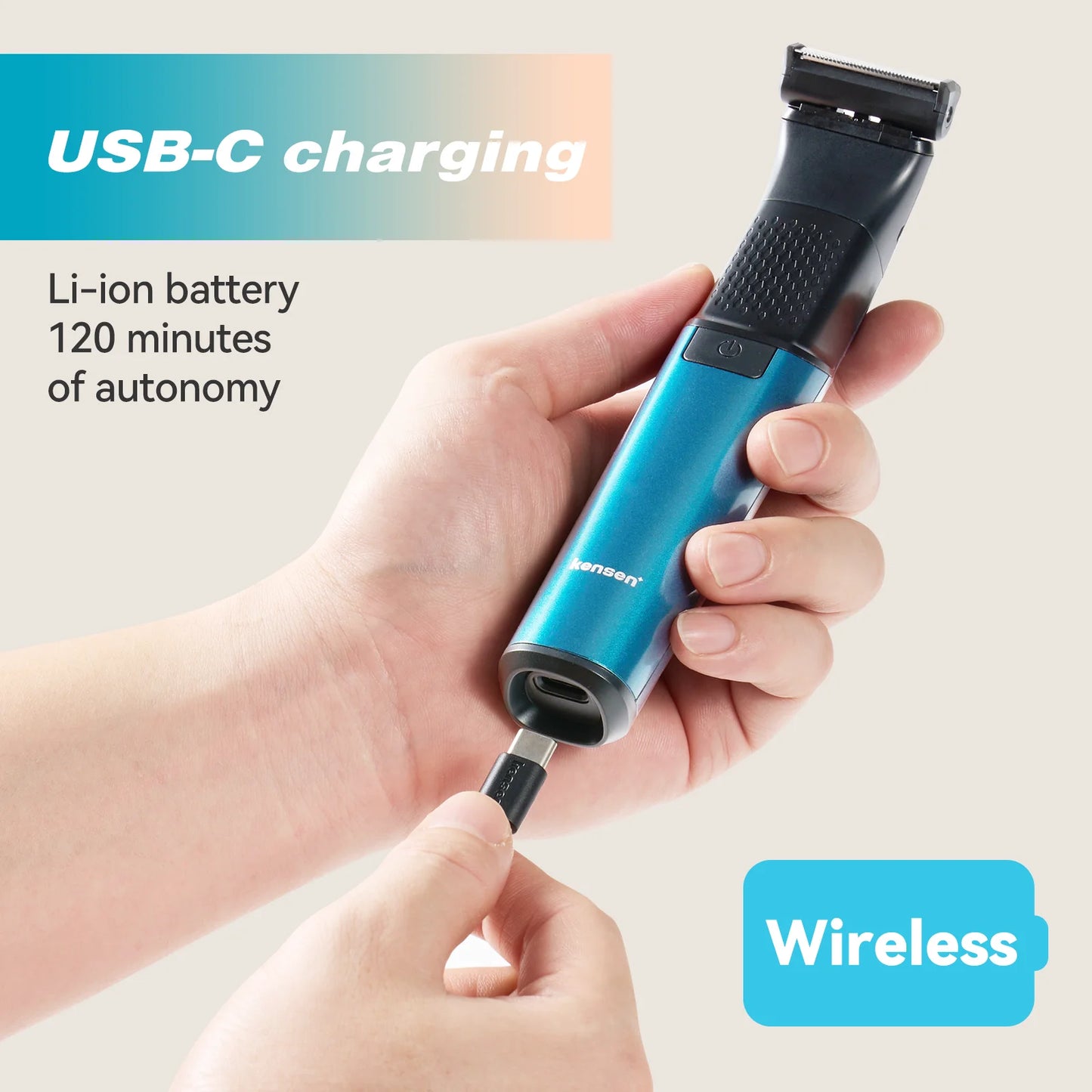 KENSEN S15 Electric Hair Trimmer 2 in 1 Dual-sided Blade Shaver Razor Waterproof Beard Trimmer Body Hair Shaving for Men Barber