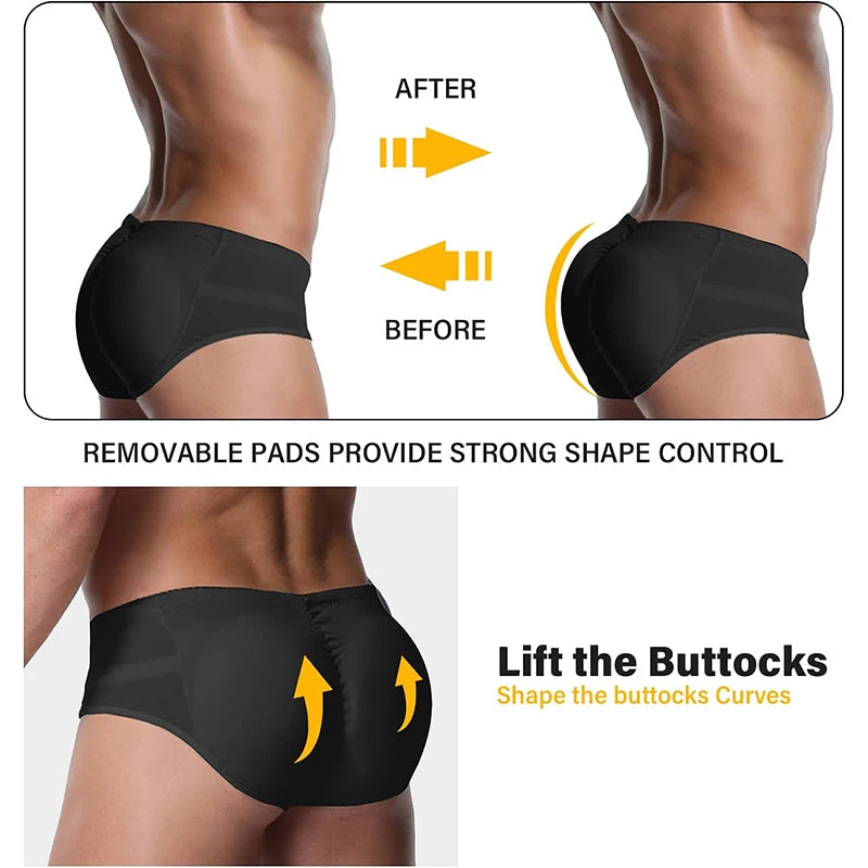 Men's Padded Butt Lifter Shaper Control Panties Seam-free Sexy Hip Enhancer Booster Boxer Briefs Underwear 2 Detachable Pads