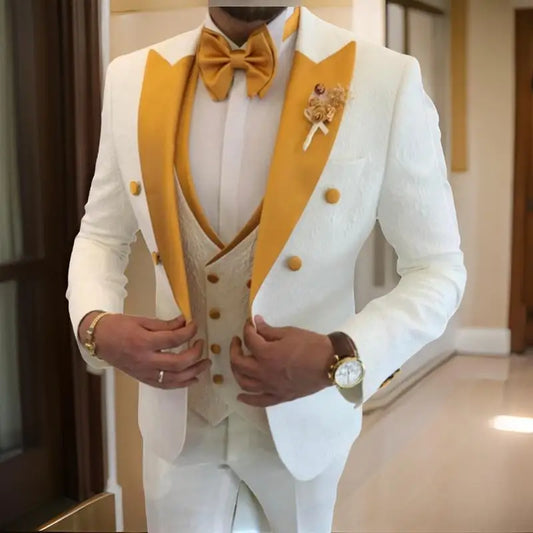 Floral Wedding Suits for Men Double Breasted Jacket with Vest Pants 3 Pieces Peak Lapel Groom Tuxedo Male Fashion Suit