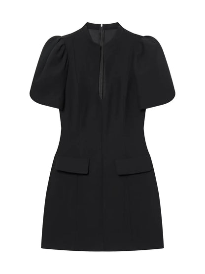 ZARK Fashionable round Neck Bubble Sleeve Short Dress Polyester High Waist Skirt for Women City Commuting Casual Wear Zipper ...
