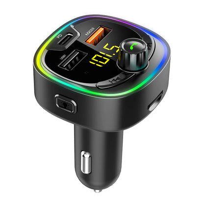 Car FM transmitter, wireless 5.0 QC3.0 & PD 18W USB-C car charger, RGB backlit car receiver, supports hands-free calls, Siri Goo