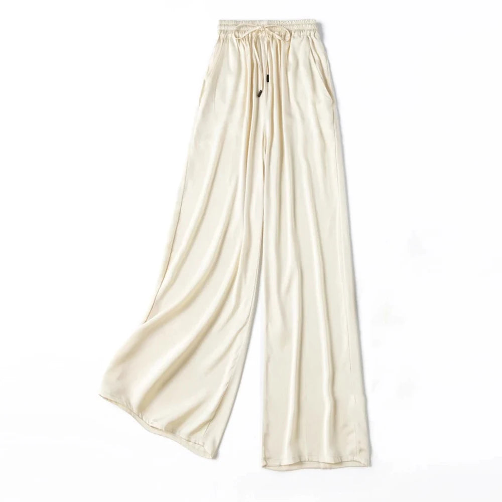 Vertical Naked Feeling 93% Natural Mulberry Silk Elastic Double Qiao Satin Elastic Waist Women's Fashionable Wide Leg Pants