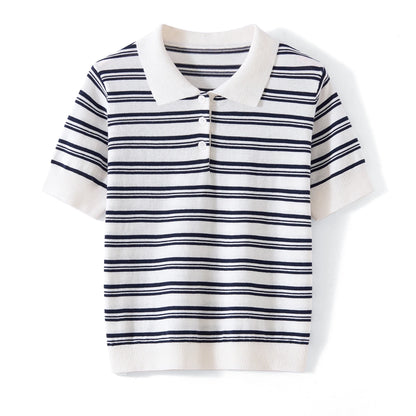 WinvyNee Summer Women's Pure Cotton Sweaters Polo T-Shirts White Half Sleeve Striped Tees Y2k Outerwears Pullover Tops ZA1523012