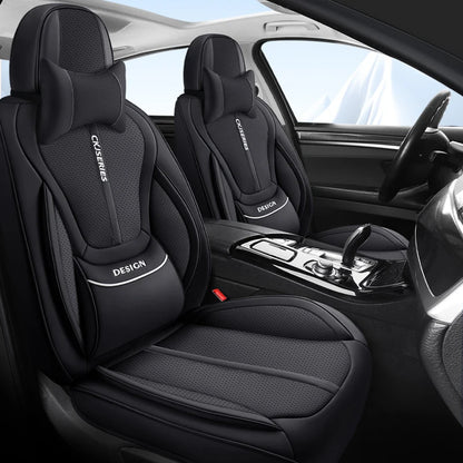 Premium PU Leather Auto Seat Covers Set with Built-in Lumbar Support +2 Headrest Covers +1 Steering Wheel Cover Comfortable