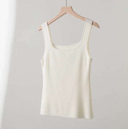 100% Superfine Merino Wool French Square-Neck Knit Camisole for Women, Slim Fit, Elegant, Versatile, Thin, Suitable for Work and Casual Wear