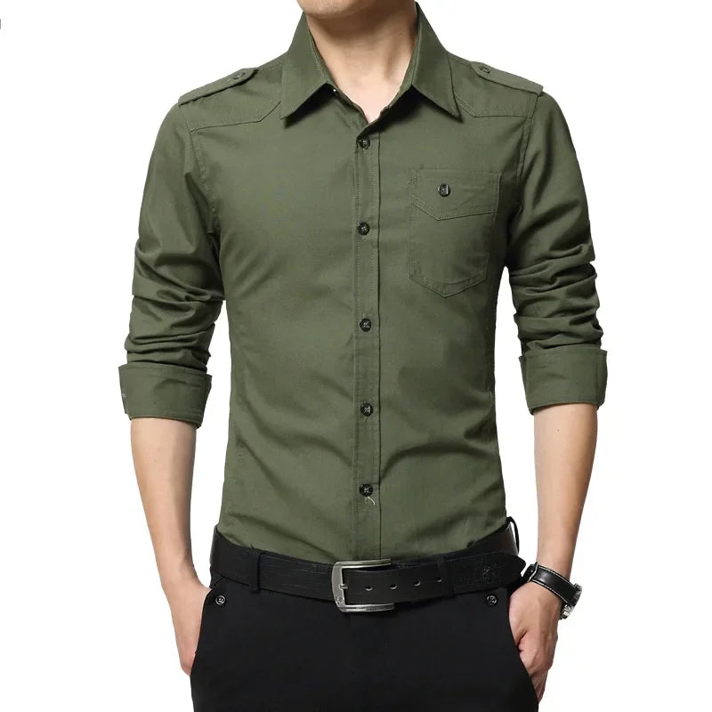 2026 Men's Epaulette Shirt Fashion Full Sleeve Epaulet Shirt Military Style 100% Cotton Army Green Shirts with Epaulets