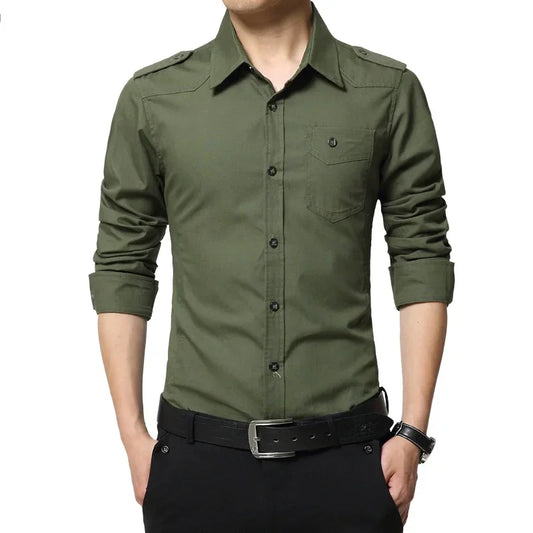 2026 Men's Epaulette Shirt Fashion Full Sleeve Epaulet Shirt Military Style 100% Cotton Army Green Shirts with Epaulets