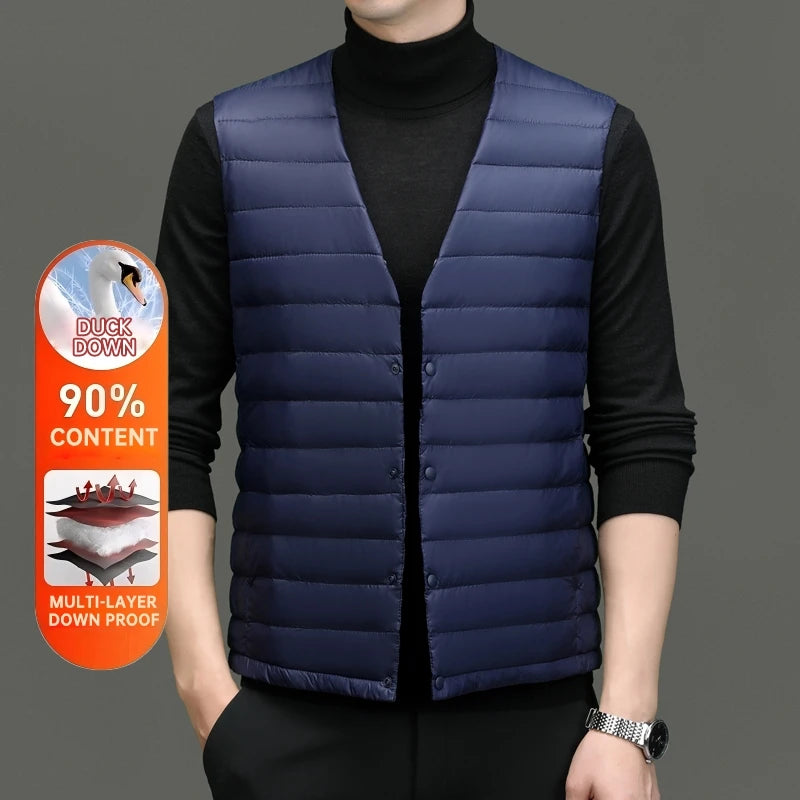 High End 90% Down Ultra Light O Veck Variable V-neck Brand Fashion Down Vest Men Winter Sleeveless Jacket Waistcoat Puffer Coats
