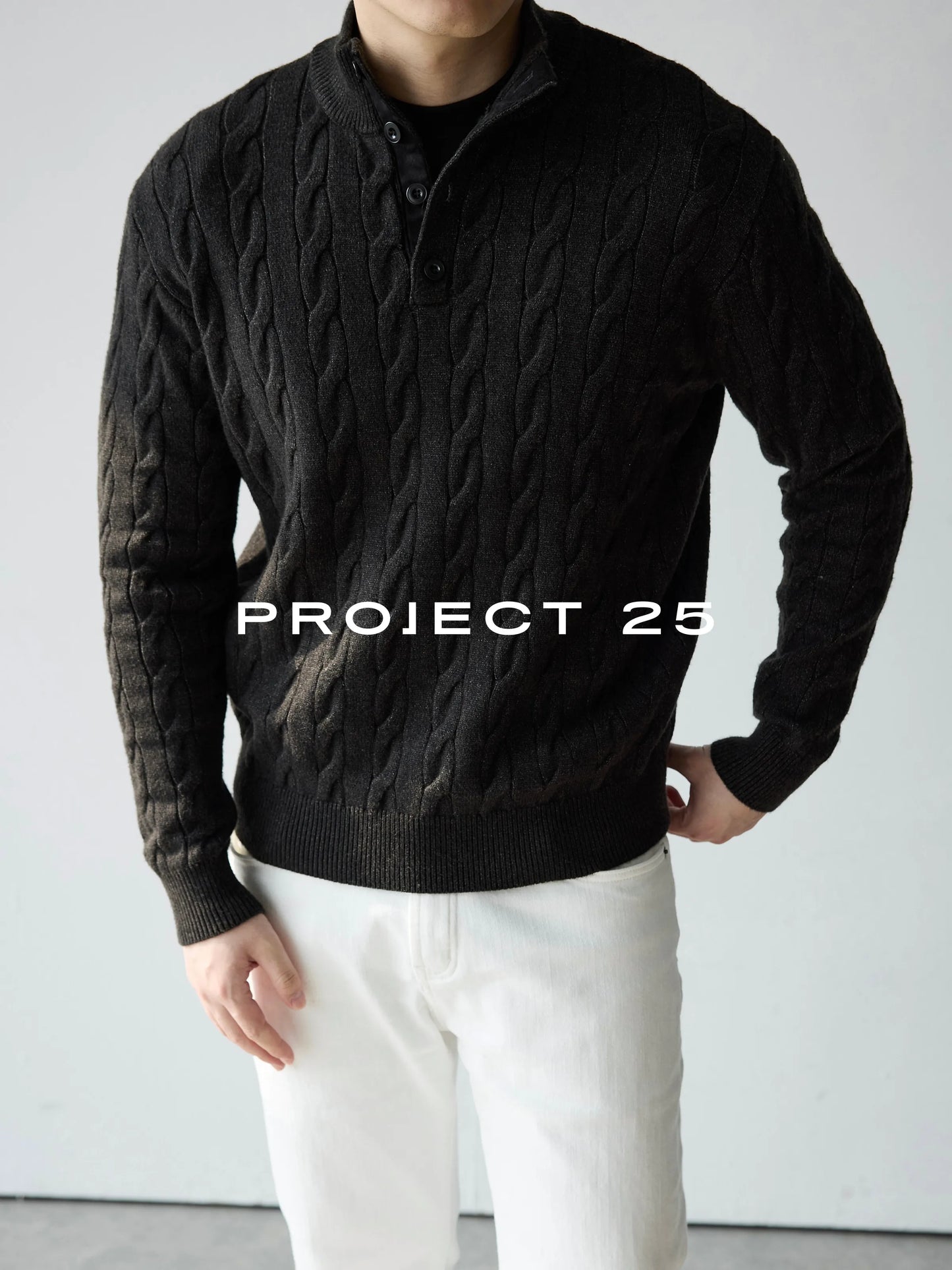 PROJECT 25 Men's American Heritage 4-Button Stand Collar Cable Knit Sweater – Premium Wool Business Casual Pullover
