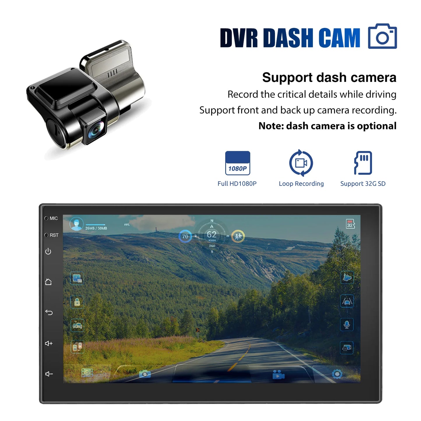 ESSGOO 7" Car Stereo Radio Double 2DIN Android 14 CarPlay Touch Screen 4+64G GPS Navigation Wifi FM/RDS Bluetooth SWC DVR&Camera