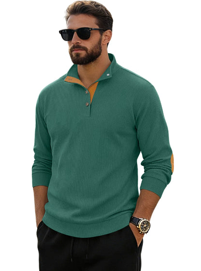 Men‘s Corduroy Button Up Pullover Stand Collar Contrast Elbow Patch Casual Top 2026