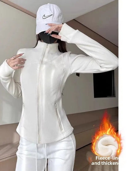 Women's Thickened Fleece Zipper Hoodie Short Coat Slim Fit Waist-Cinching Stand Collar Cardigan Autumn Winter Fashion Outerwear