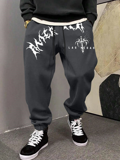 Men's Gothic Jagged Metal Font Wing Cross Las Vegas Print Sweatpants Elastic Waist Soft Dark Punk Street Hip Hop Joggers