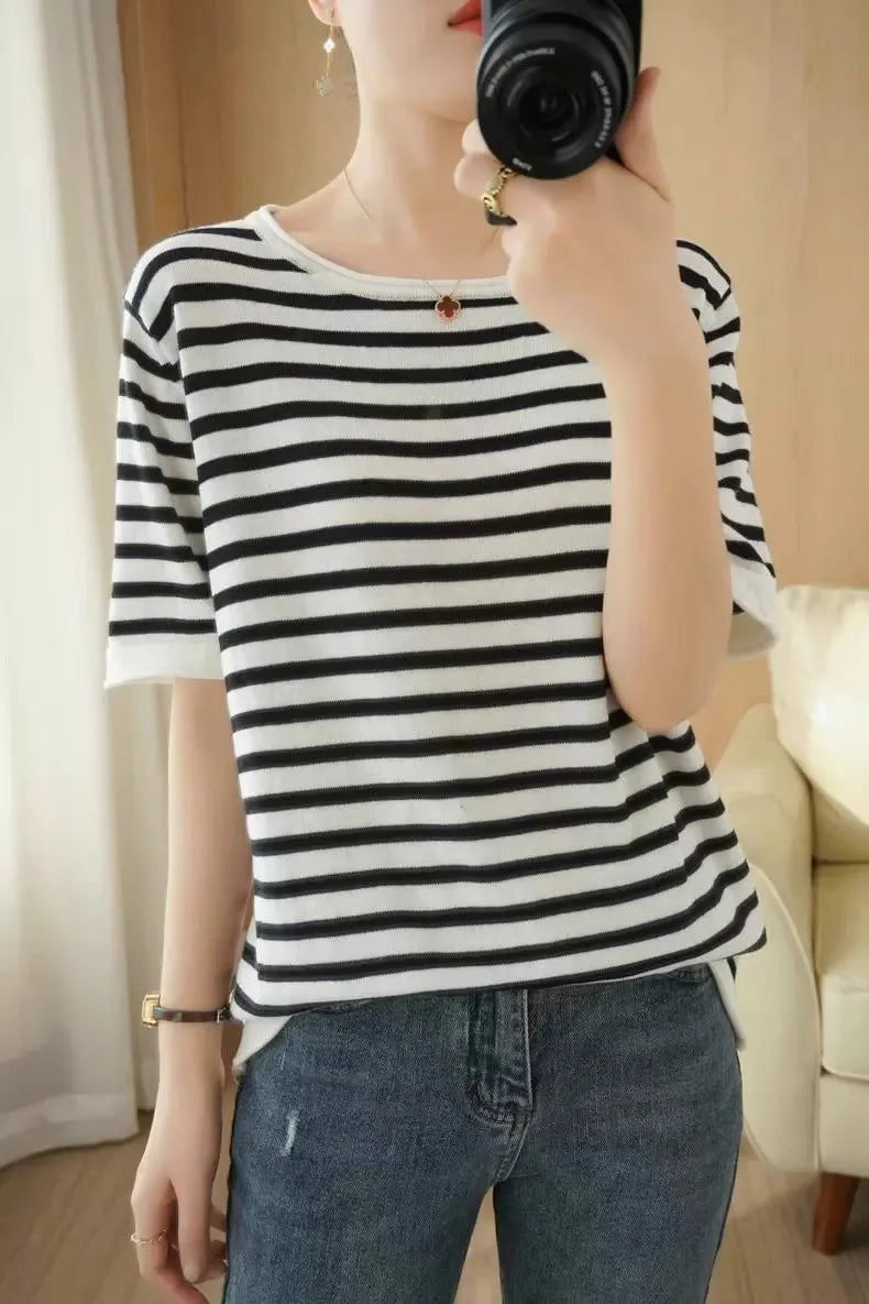 100% Pure Cotton Summer Stripe Short Sleeve T-Shirt Women Loose round Neck Vest Cotton Linen Half Sleeve Commute Style Simple
