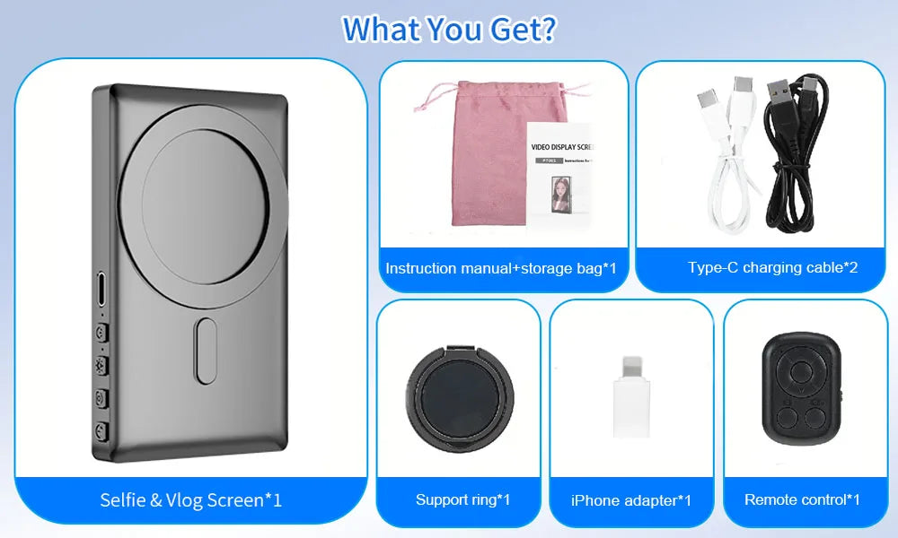 Magnetic Phone Vlog Selfie Monitor Screen, Wireless Back Camera Monitor for Live Streaming & Video Recording, iPhone & Android
