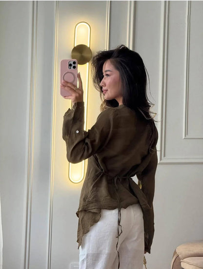 Fashion Red Cotton Linen Shirts Women V-Neck Long Sleeve Bandage Thin Blouses 2026 New Spring Summer Cotton Chic Tops For Women