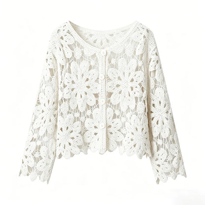 Long Sleeve Crochet Knit Top Beach Bikini Cover Up Button-up Cardigan Blouse Women blusas para mujer Vacation Boho Outfit