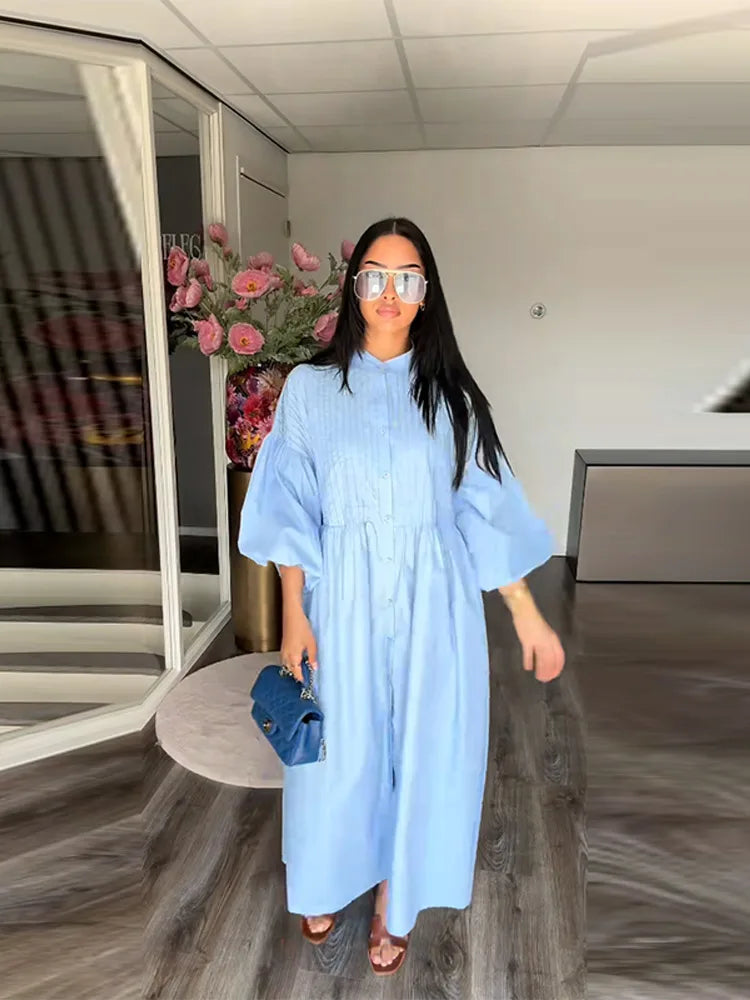 Casual Long Dress Women Solid Loose O Neck Single Breasted Full Lantern Sleeve High Waist Robe 2026 Spring Fashion Dresses Lady
