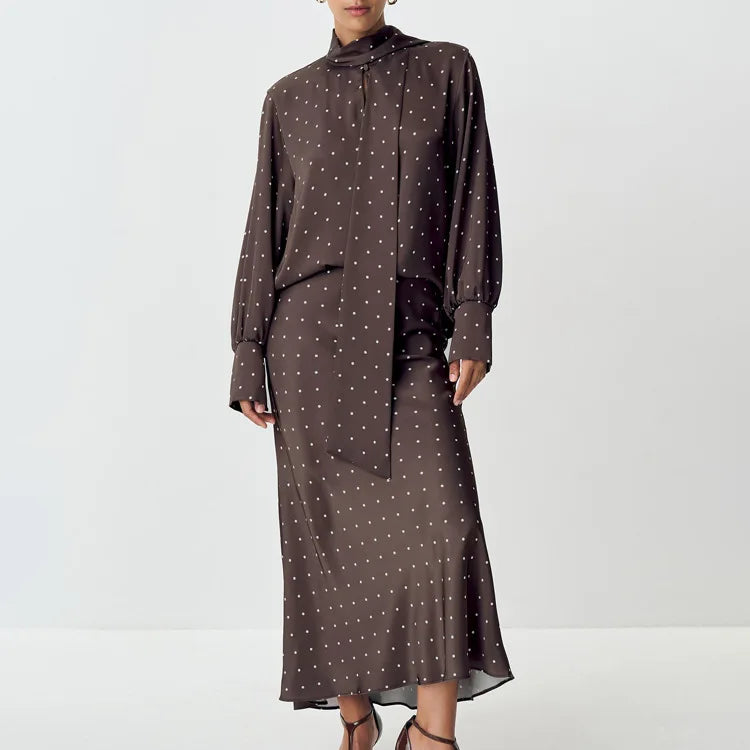 Two Piece Skirt Set Printed Polka Dot Satin Skirt Set Women's Long Sleeved Lace Up Shirt+high WAIST Midi Skirt Set