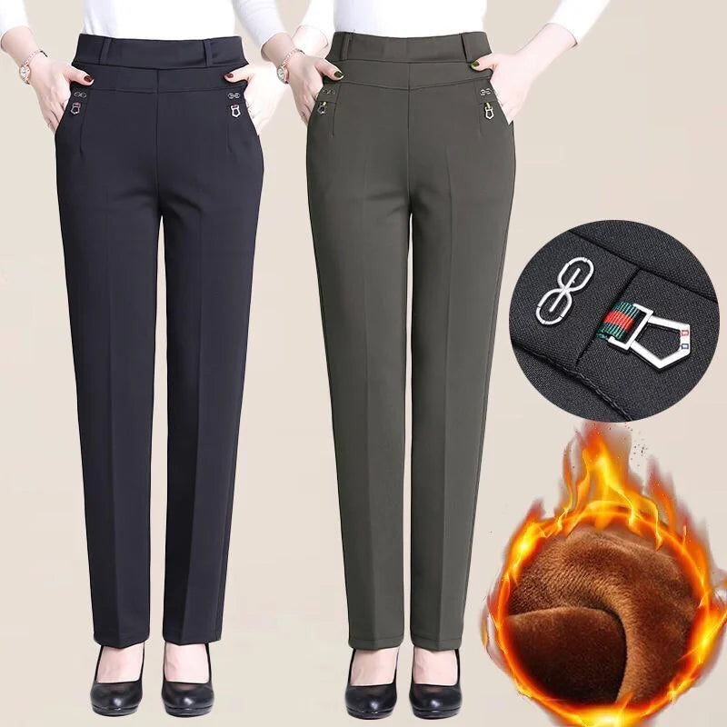 High Waist Fleece Lined Slimming Pants for Middle-Aged And Elderly Women Casual Long Pants Straight Leg Elastic Ankle Pants