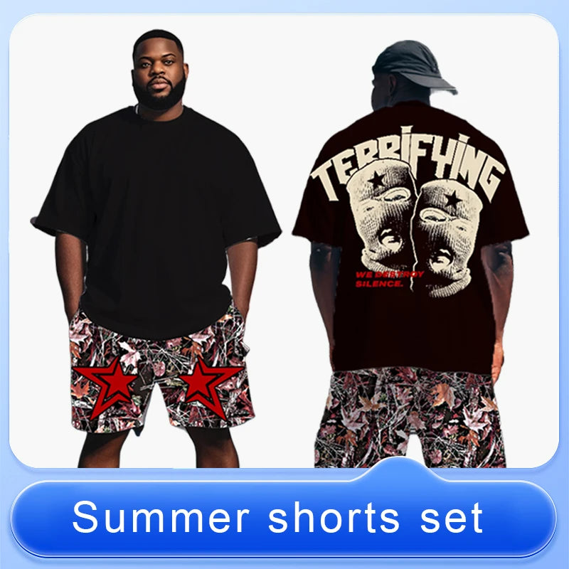 S-9XL Plus Size Men's Oversized Fit, Dollar Sign, Camo, Flame & Occult Print T-Shirt & Shorts Set, Casual Streetwear Outfit
