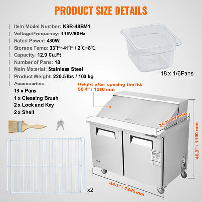 SucceBuy 28" Commercial Refrigerator Sandwich & Salad Prep Table 7.4 Cu. Ft Stainless Steel Refrigerated Food Prep Station