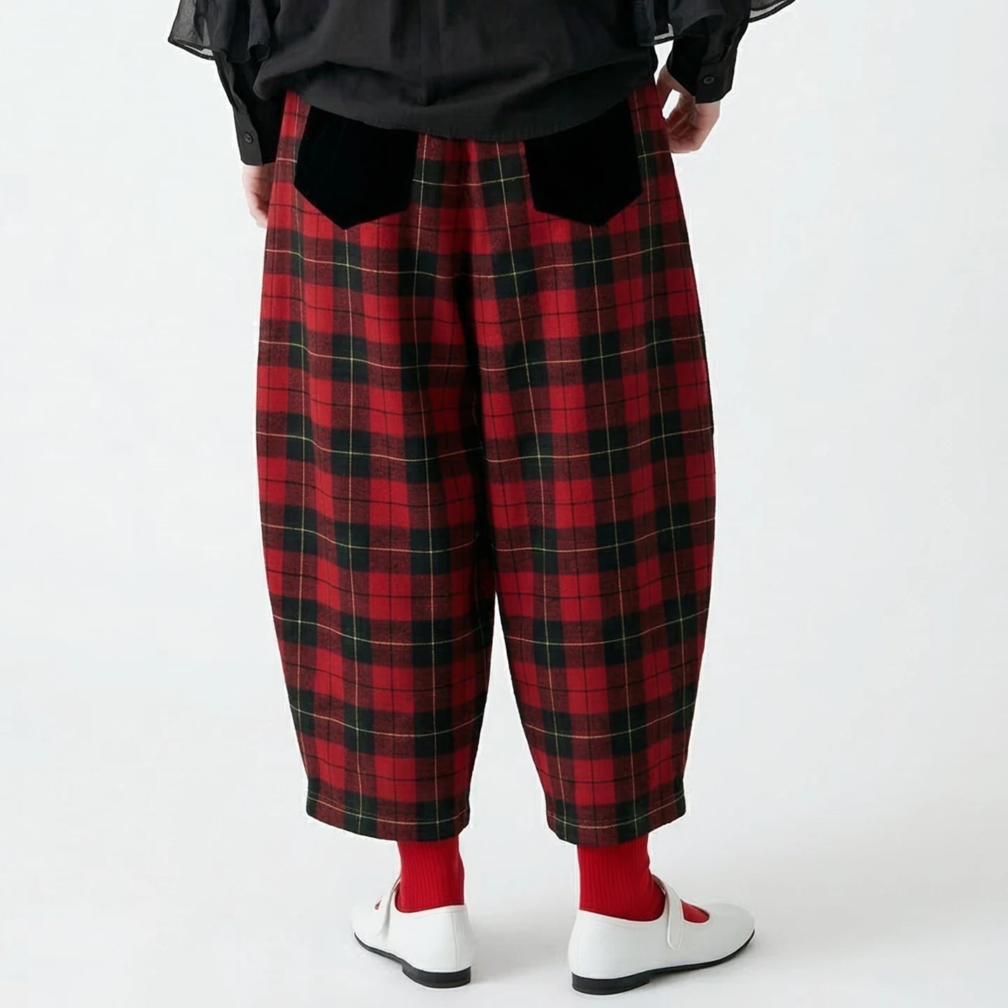 Red - Black Plaid Drawstring Lantern Pants, Retro Hong Kong Style, Daily Outfit, Casual & Free Vibe 255338