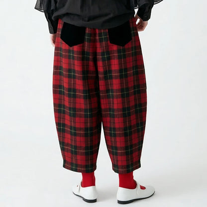 Red - Black Plaid Drawstring Lantern Pants, Retro Hong Kong Style, Daily Outfit, Casual & Free Vibe 255338