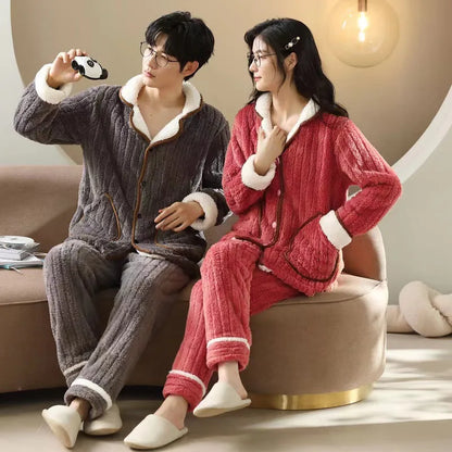 Winter Men's Sleep Pyjamas Coral Velvet Thickened and Fleece Long Sleeve Trousers Flannel Two-piece Set Thermal Pajamas
