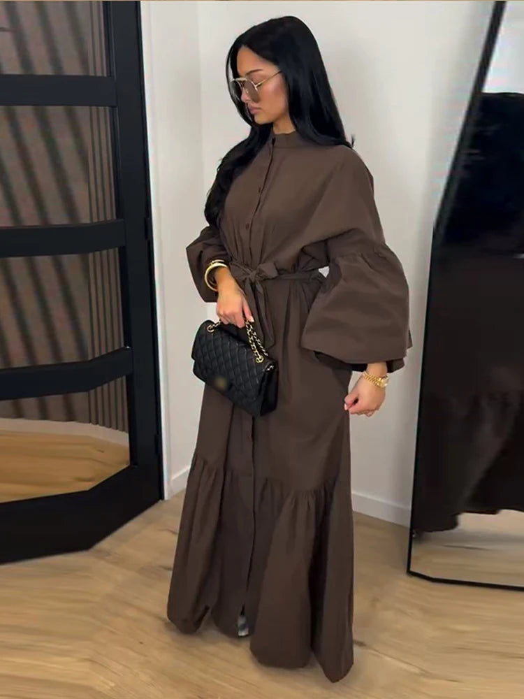 Casual Women Dress Belt Cinched Waist Long Sleeve High Collar Solid Single Breasted Female Dress Chic Lady Commute Summer 2026